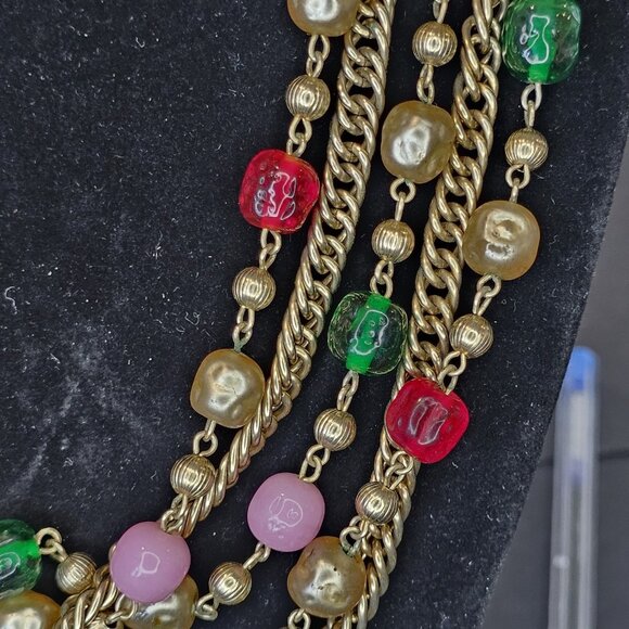 VTG 60s Multi-strand Bib Necklace Goldtone Glass Beads Red Pink Green MCM 17-20" - Picture 6 of 11
